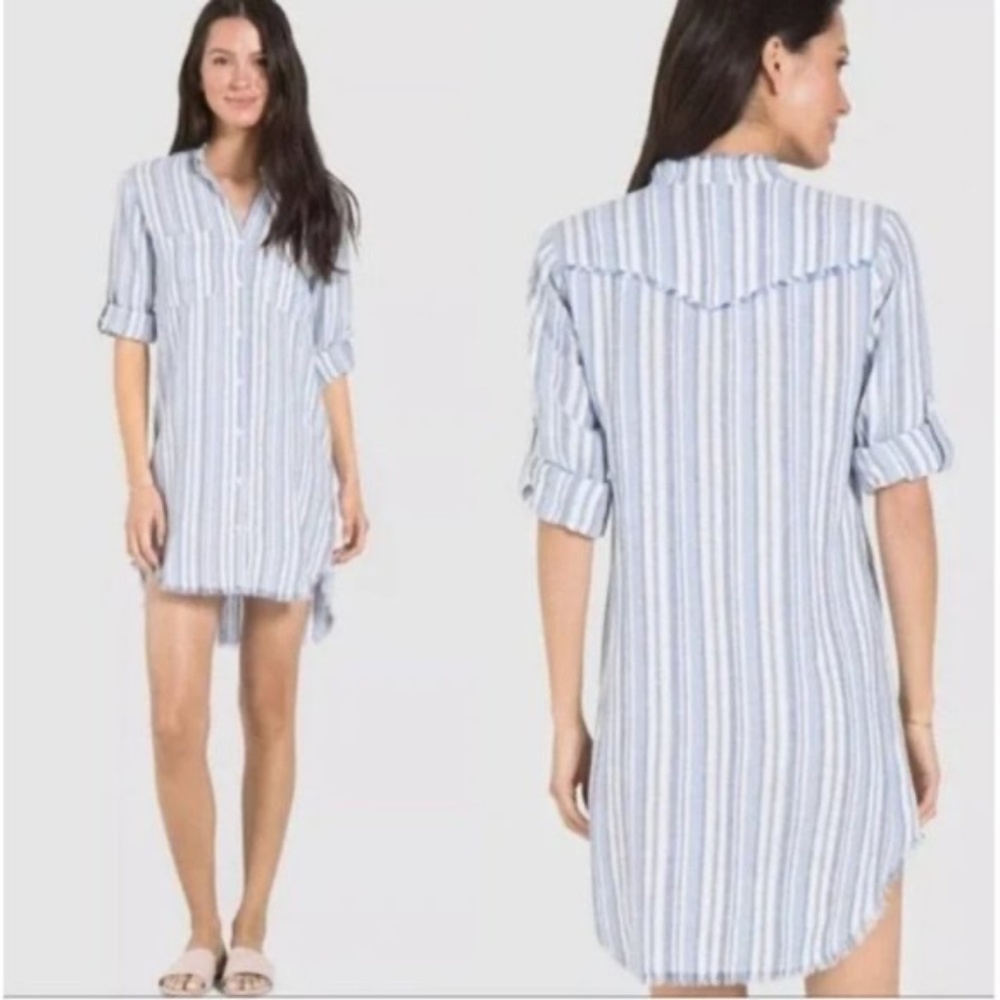Cloth Stone Anthro Linen Blend Shirt Dress Cowgirl Western Striped Frayed Hem